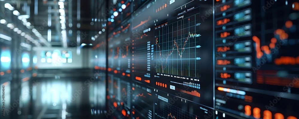 Digital Data Visualization - 3D Illustration of Data Monitoring System with Financial Charts and Graphs Digital Data Visualization - 3D Illustration of Data Monitoring System with Financial Charts and Graphs
