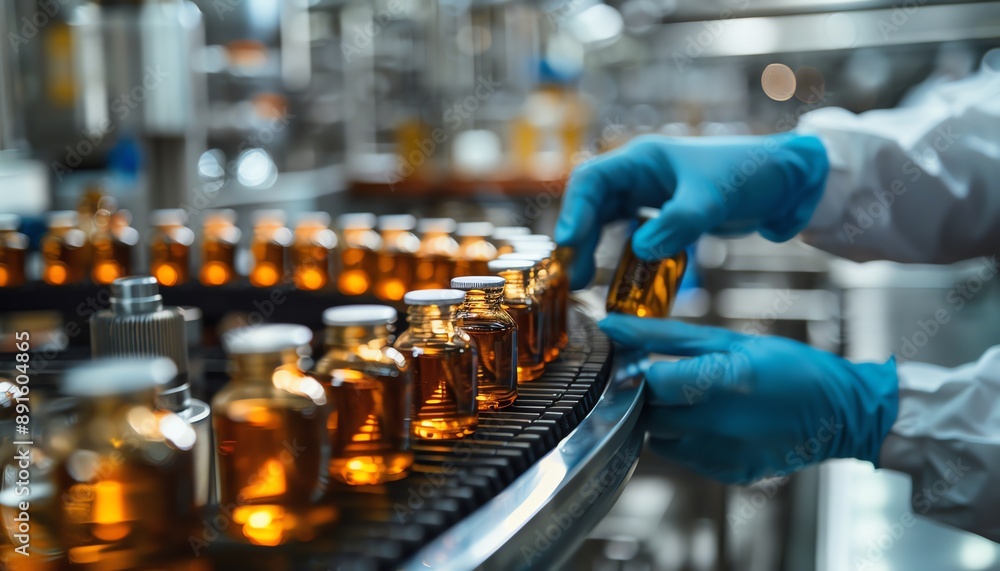 Hand in gloves handling vials on production line
