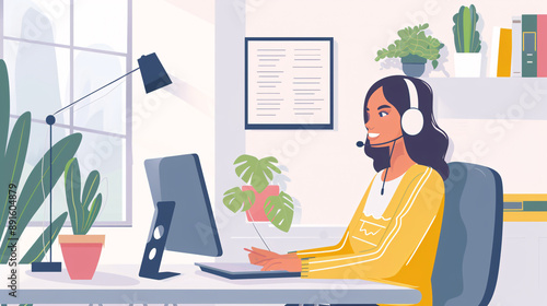 A call center scenario with a woman in an office consulting and laughing, focused on communication and customer service. A salesman provides help desk and technical support at a CRM agency