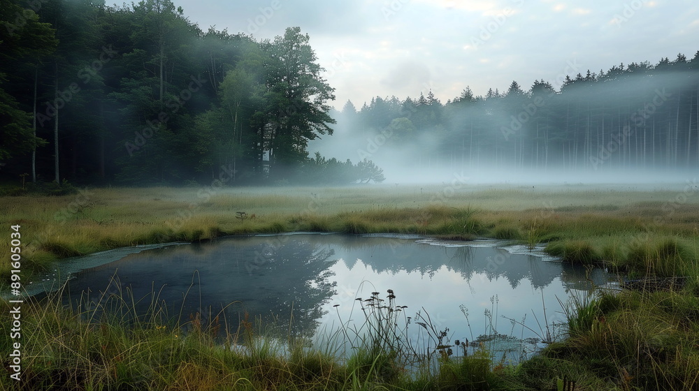 Fototapeta premium Mist covering a meadow with a small pond reflecting the foggy surroundings