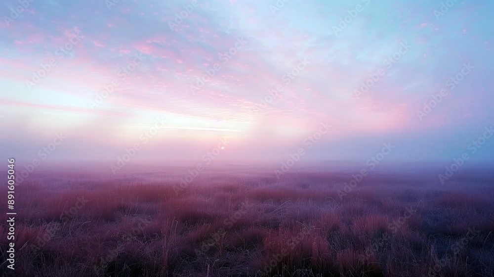 Ethereal fog over a meadow at dawn with the sky painted in pastel hues Ethereal fog over a meadow at dawn with the sky painted in pastel hues