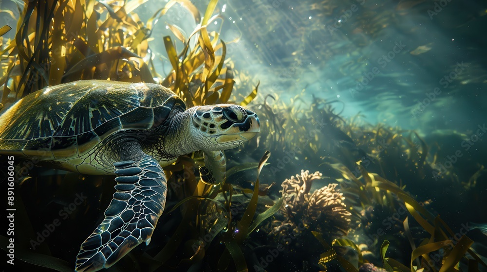 Obraz premium Graceful Sea Turtle Feeding on Lush Underwater Seagrass Bed in Ocean Depths