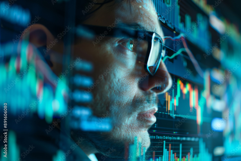 Focused trader analyzing real time data and stock market trends on multiple screens. Modern financial technology concept. Focused trader analyzing real time data and stock market trends on multiple screens. Modern financial technology concept.