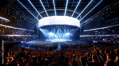 Futuristic Music Concert Venue With Enthusiastic Crowd and Vibrant Lights photo