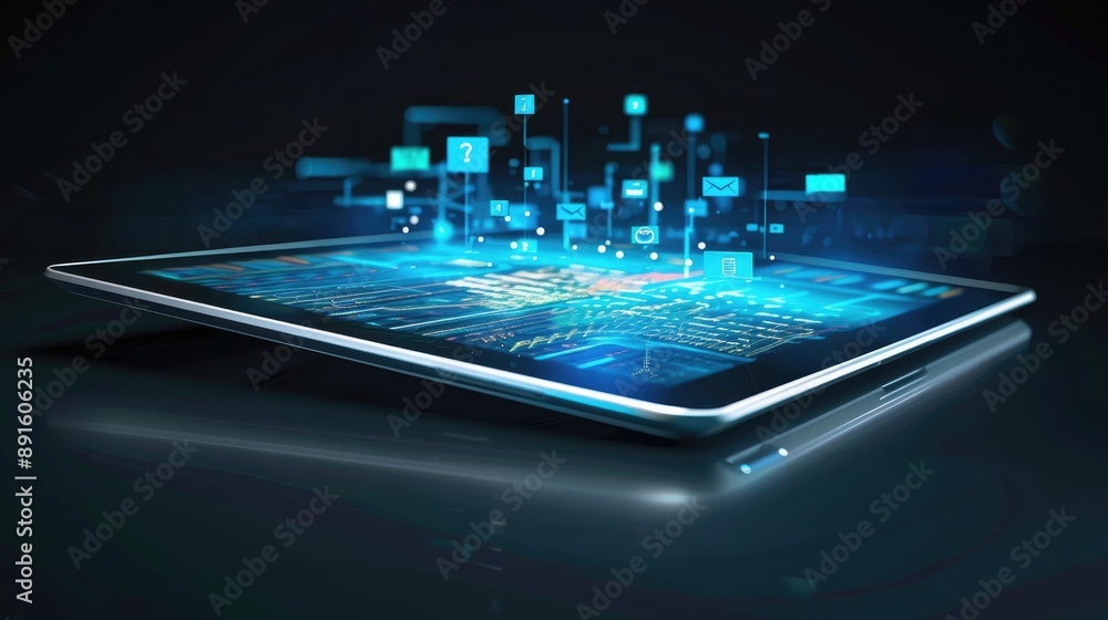 Side view of a tablet PC in use, with icons representing the digital economy and online education. Side view of a tablet PC in use, with icons representing the digital economy and online education.