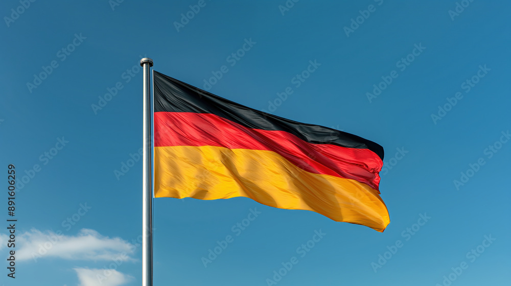 German Flag Waving Brightly Against Clear Blue Sky on Sunny Day German Flag Waving Brightly Against Clear Blue Sky on Sunny Day