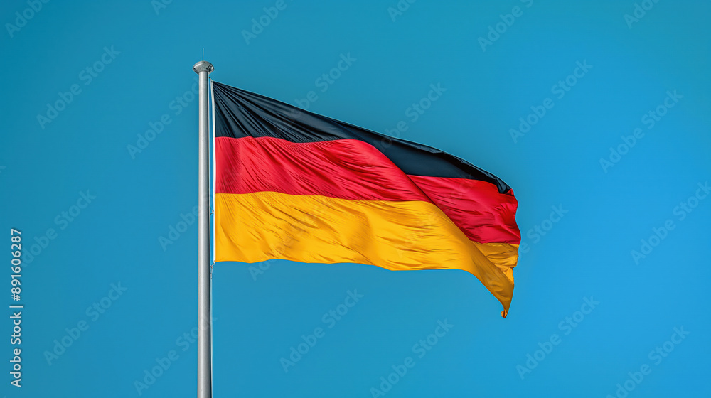 German National Flag Waving Against Blue Sky with Clear Atmospheric Conditions German National Flag Waving Against Blue Sky with Clear Atmospheric Conditions