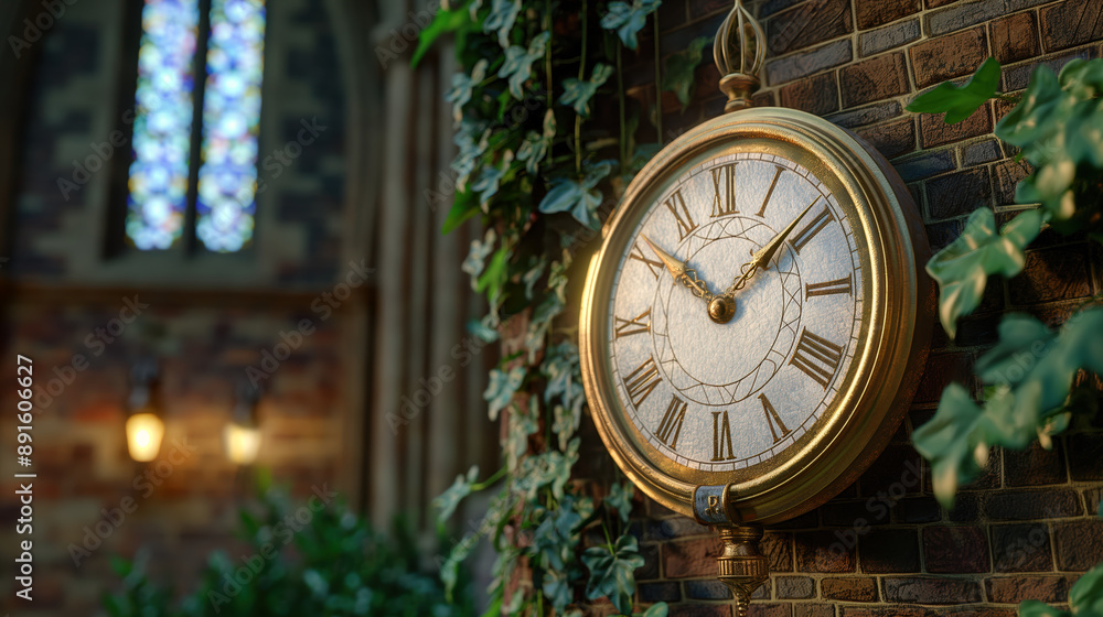 Fototapeta premium Elegant vintage clock with brick wall, gentle light, reflective glass, climbing plants in historic setting