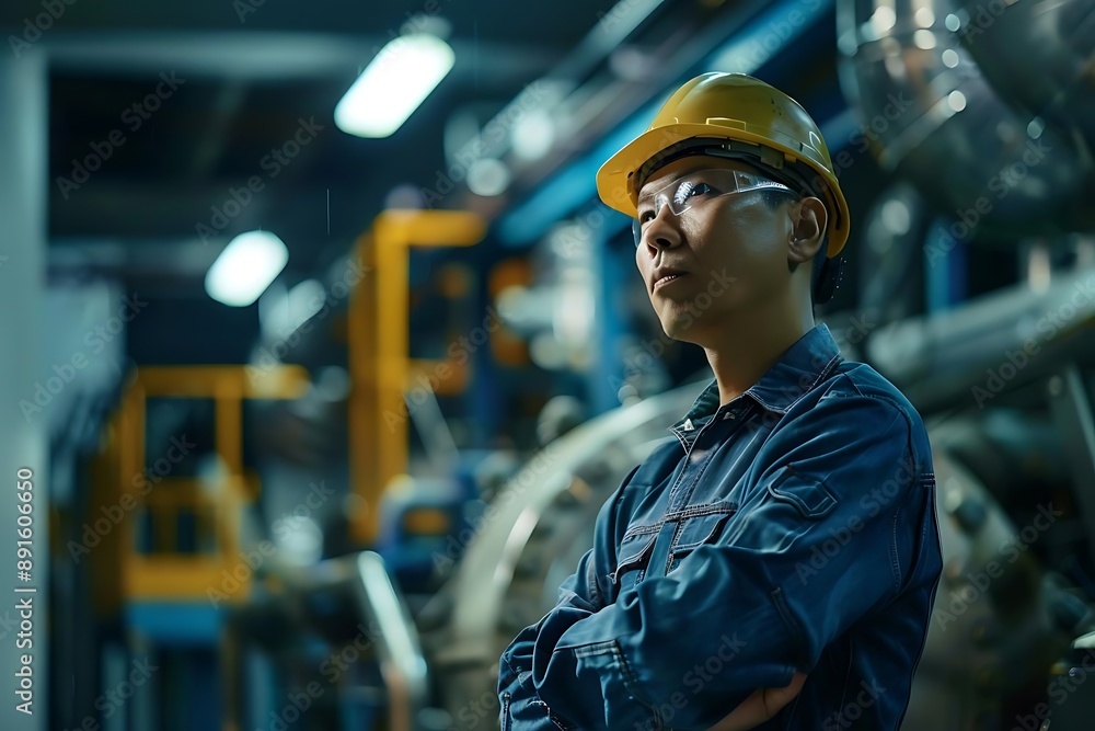 Factory Worker in Blue Jumpsuit and Yellow Hard Hat - Realistic Image Factory Worker in Blue Jumpsuit and Yellow Hard Hat - Realistic Image