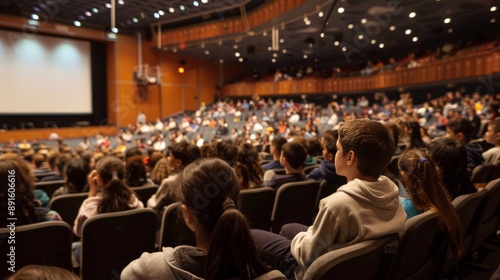 Students participating in a school assembly in a large auditorium