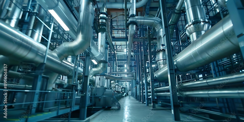 Industrial Interior with Steel Pipes and Walkway - Realistic Image Industrial Interior with Steel Pipes and Walkway - Realistic Image