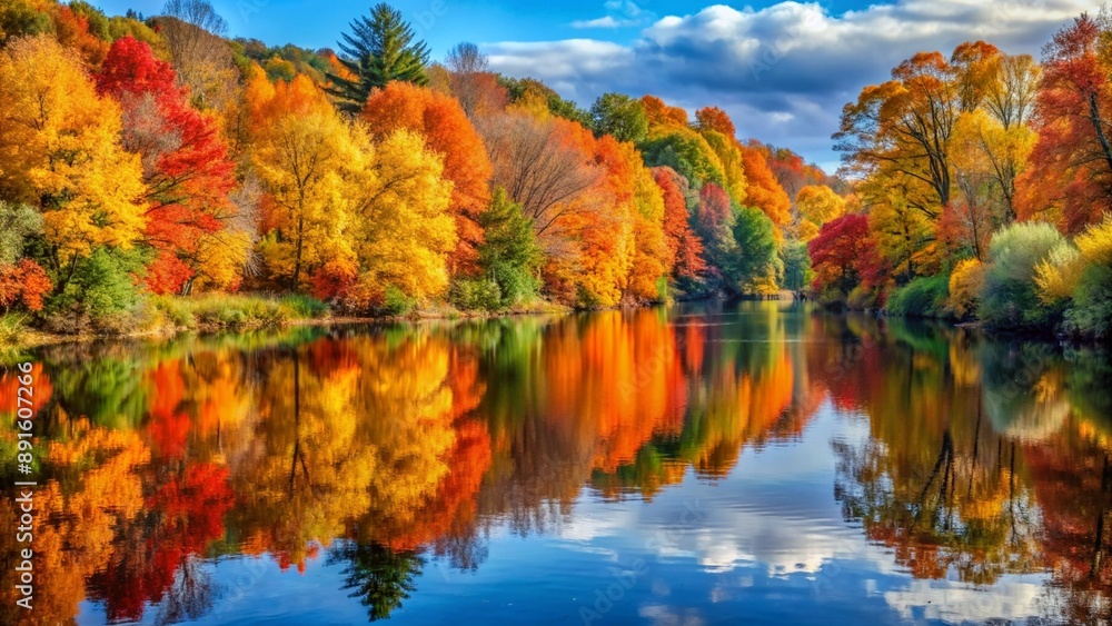 A glassy river reflecting the autumn foliage of the trees lining its banks, creating a vibrant, mirrored scene. A glassy river reflecting the autumn foliage of the trees lining its banks, creating a vibrant, mirrored scene.