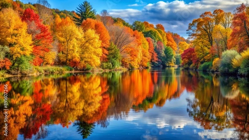 A glassy river reflecting the autumn foliage of the trees lining its banks, creating a vibrant, mirrored scene.
