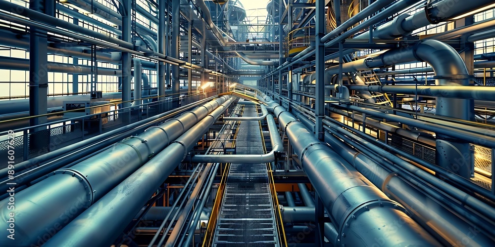 Industrial Piping Network Inside a Large Factory - Realistic Image Industrial Piping Network Inside a Large Factory - Realistic Image