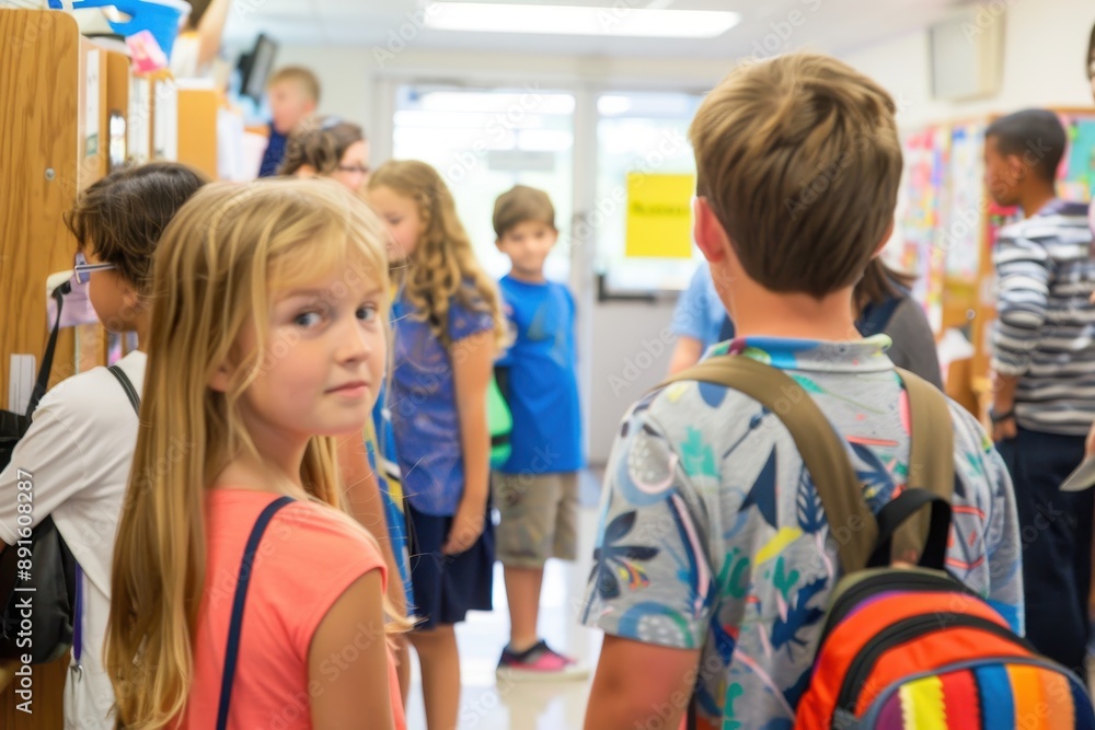 A back-to-school night event, with parents and children visiting classrooms and meeting teachers. A back-to-school night event, with parents and children visiting classrooms and meeting teachers.