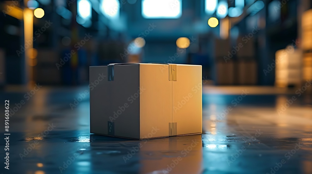 3D Render of a Cardboard Box on a Wet Floor with a Blurry Background of an Industrial Space 3D Render of a Cardboard Box on a Wet Floor with a Blurry Background of an Industrial Space