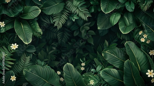 Wallpaper Mural Lush Tropical Foliage With White Flowers in Daylight Torontodigital.ca