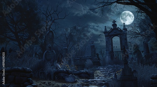 Ultra HD Hyperrealistic 3D Render of Gothic Legends: Macabre Nighttime Scene Featuring Vampires, Ghosts, Skeletons, Bats, and a Full Moon photo