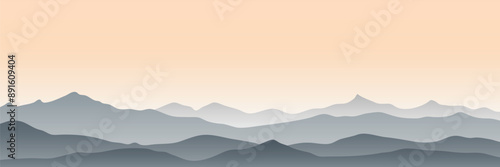 Minimalistic mountain landscape, morning light, vector illustration, panoramic view