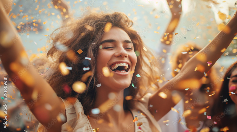 Obraz premium Individuals experiencing happiness and joy, celebrating with friends, enjoying a beautiful day, and having fun activities, with bright and cheerful expressions.