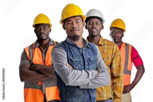 Friendly Asian foreman with African American coworkers isolated on white background