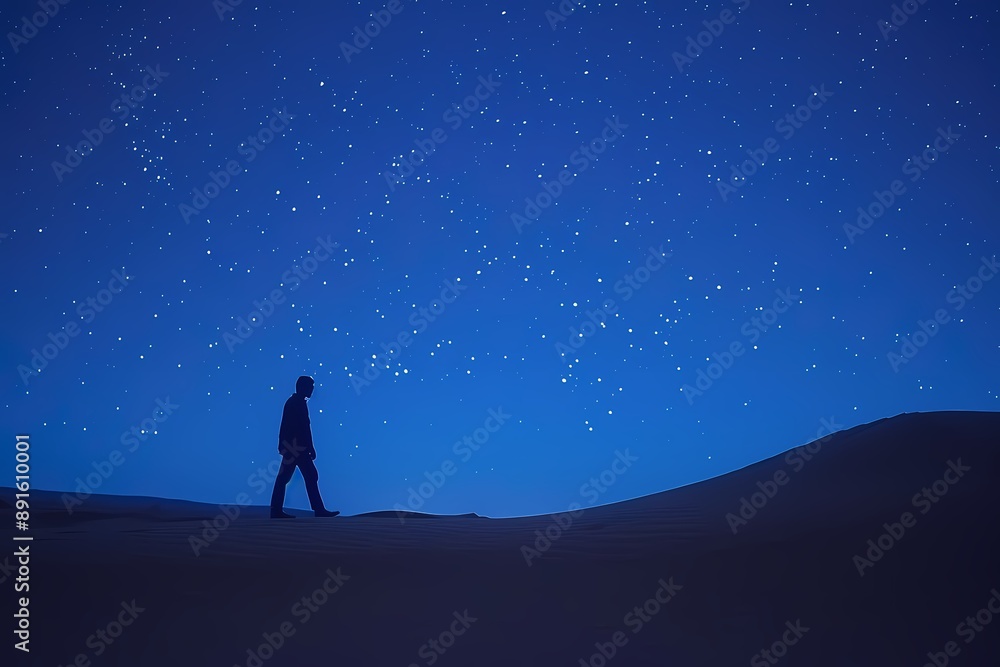 Fototapeta premium Silhouette of a Man Walking Alone Under a Starry Night Sky.