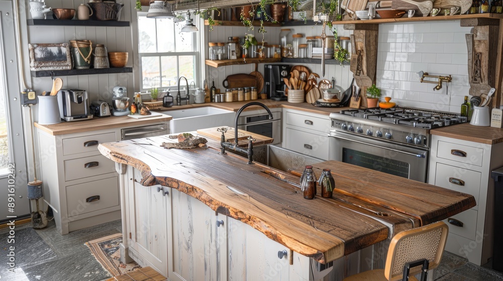 A cozy farmhouse kitchen with a large wooden island