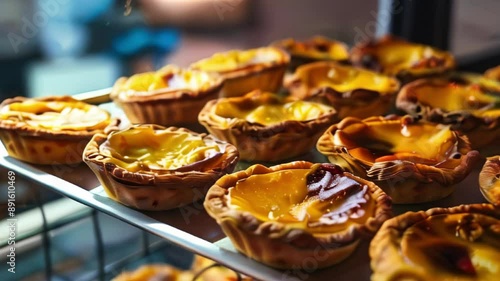 Traditional portuguese dessert Pastel de nata. Bakery shop window display