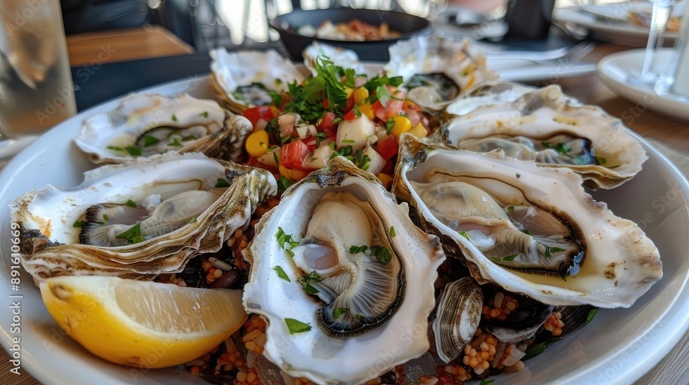 A delicious plate of fresh oysters served with lemon wedges and garnished with herbs, perfect for a seafood appetizer. A delicious plate of fresh oysters served with lemon wedges and garnished with herbs, perfect for a seafood appetizer.