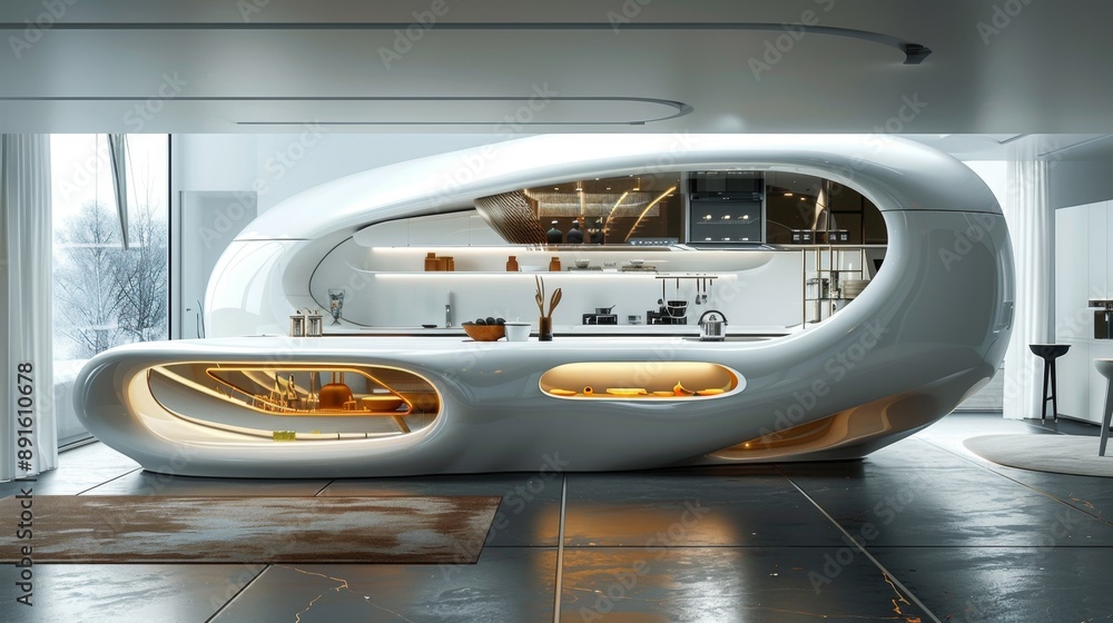 Fototapeta premium Futuristic Kitchen of Tomorrow: High-Tech Gadgets and Sleek Design in Modern Home