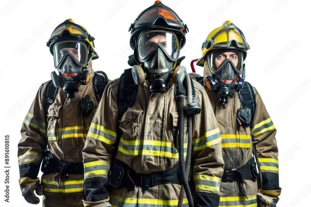 Group of unrecognizable firefighters in protective uniform and helmet isolated on white background Group of unrecognizable firefighters in protective uniform and helmet isolated on white background