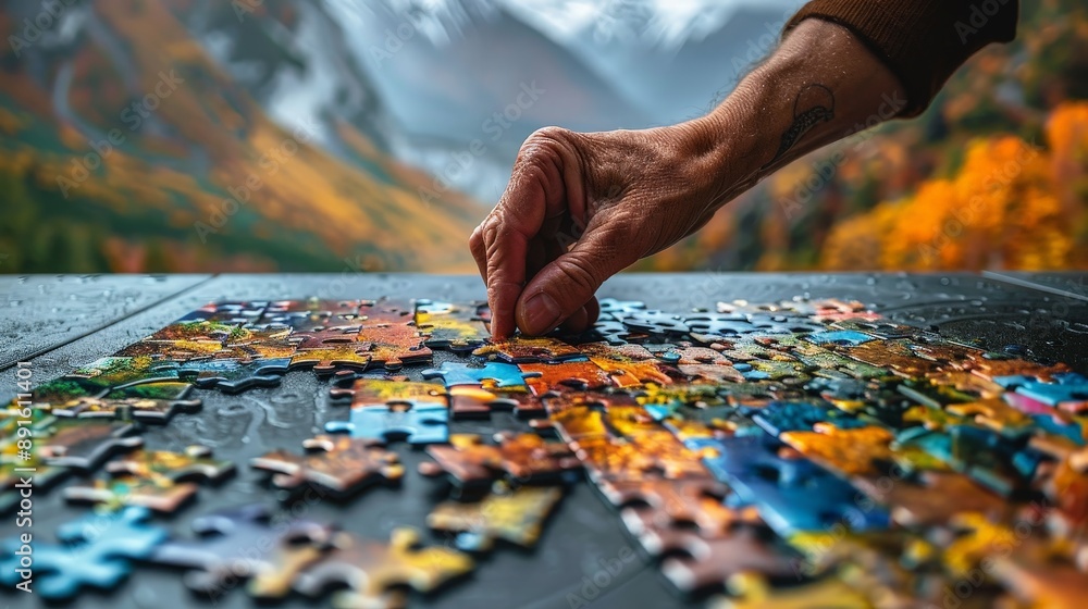 Assembling a jigsaw puzzle on a large table with a mountain view Assembling a jigsaw puzzle on a large table with a mountain view