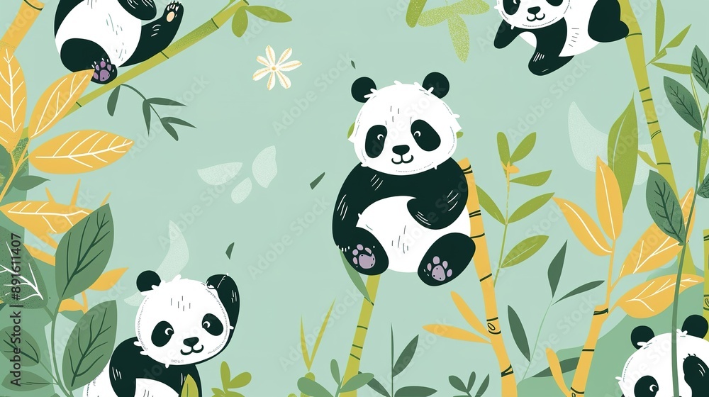 Obraz premium Adorable Pandas Climbing Bamboo In A Lush Green Forest