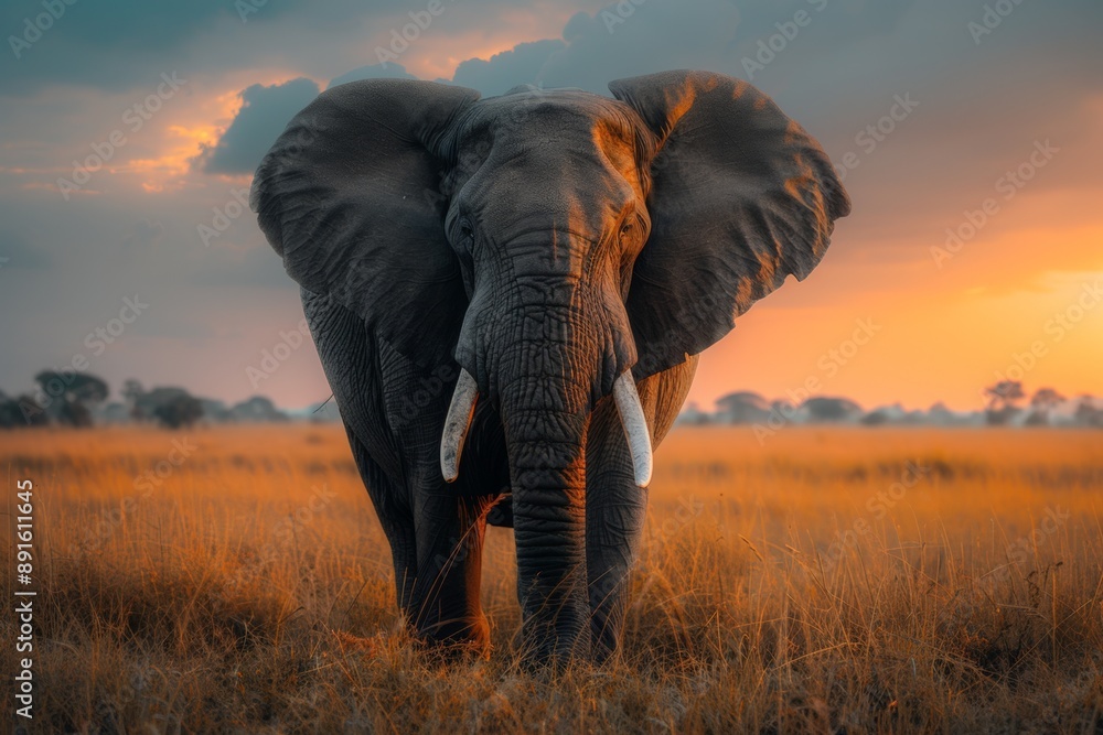 Naklejka premium Majestic elephant standing against a vibrant sunset backdrop on the African savannah, creating a powerful and serene scene.