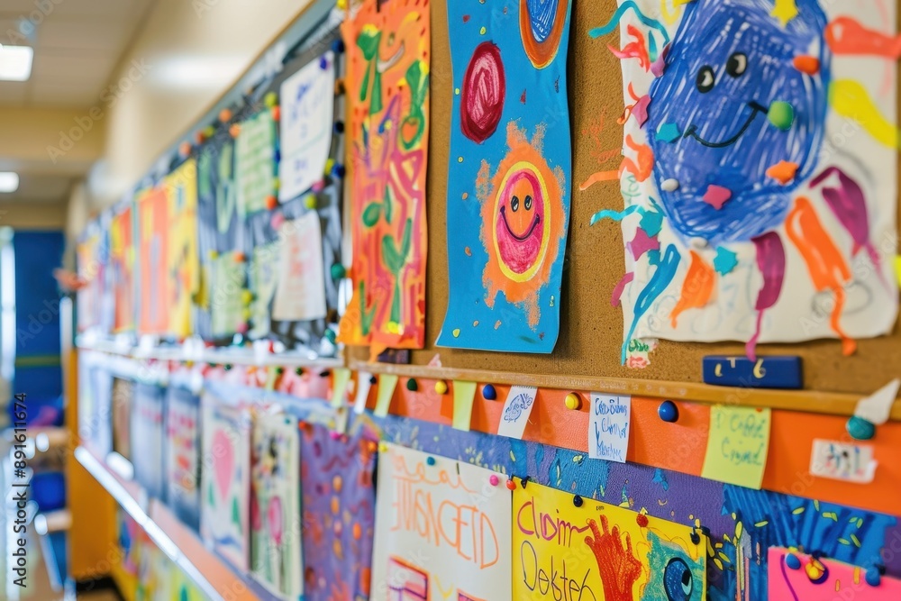Naklejka premium A bulletin board in a classroom, filled with colorful student artwork and welcome messages. 