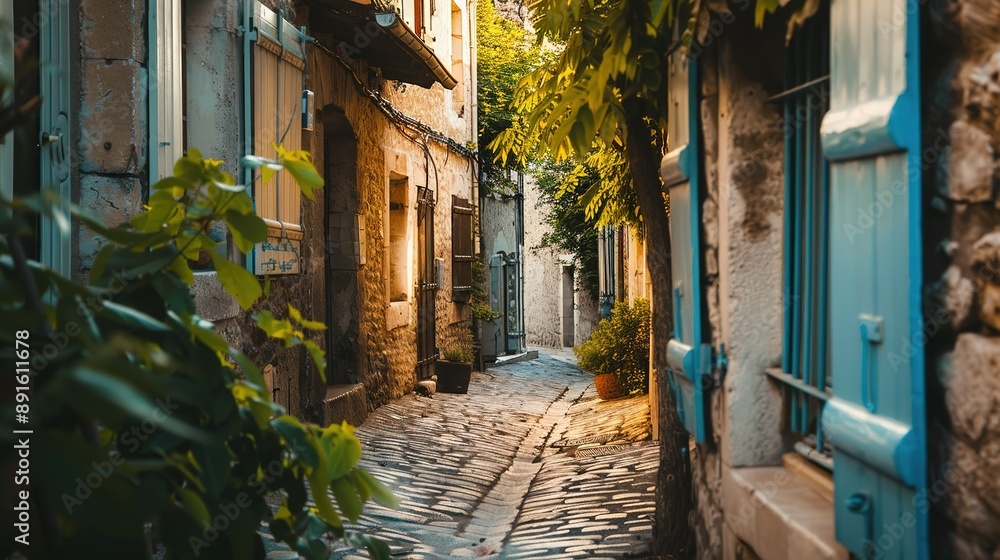 Fototapeta premium Narrow Cobblestone Street in a French Village on a Sunny Day