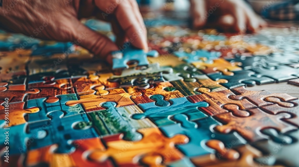 Assembling a jigsaw puzzle on a large table with a mountain view Assembling a jigsaw puzzle on a large table with a mountain view