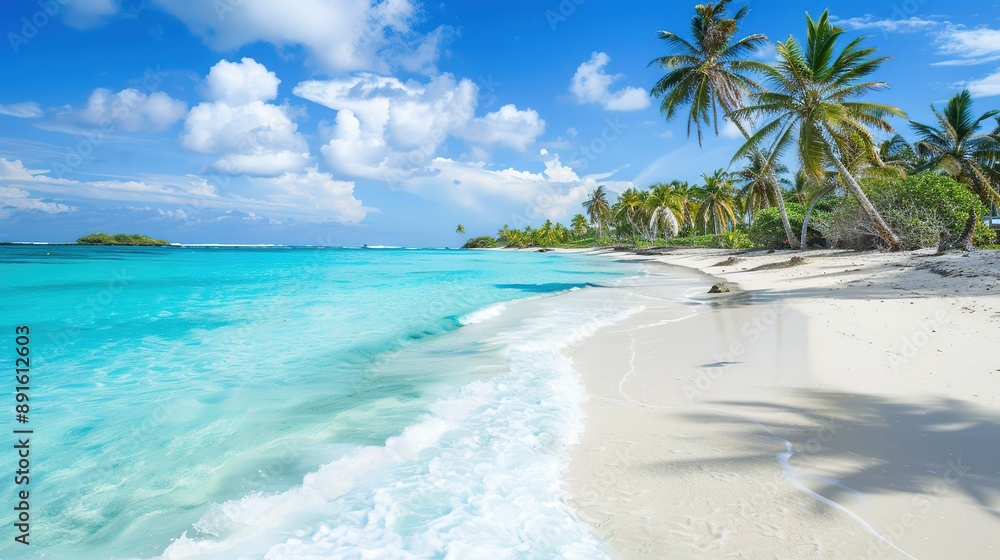 Tropical Beach Scene With Palm Trees and Blue Water on a Sunny Day Tropical Beach Scene With Palm Trees and Blue Water on a Sunny Day