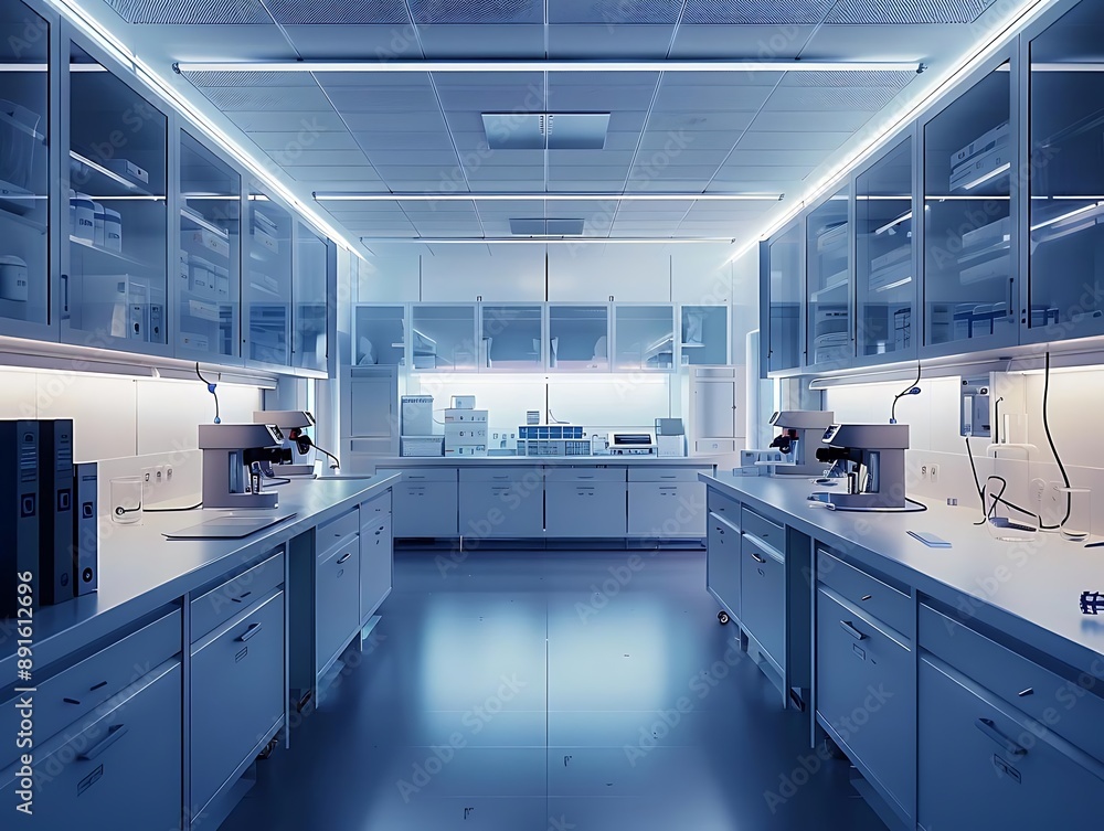 3D Render of a Modern and Clean Laboratory with White Cabinets, Bright Lighting, and Equipment 3D Render of a Modern and Clean Laboratory with White Cabinets, Bright Lighting, and Equipment