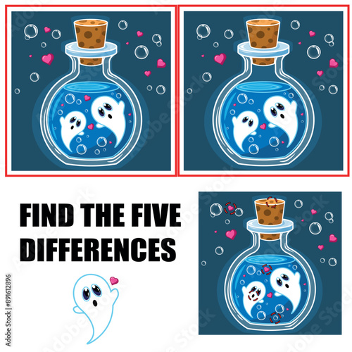 Find differences, education game for children. Cute ghosts in a glass cone. Funny creepy character. Spook the phantom.