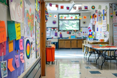 A bulletin board in a classroom, filled with colorful student artwork and welcome messages. 