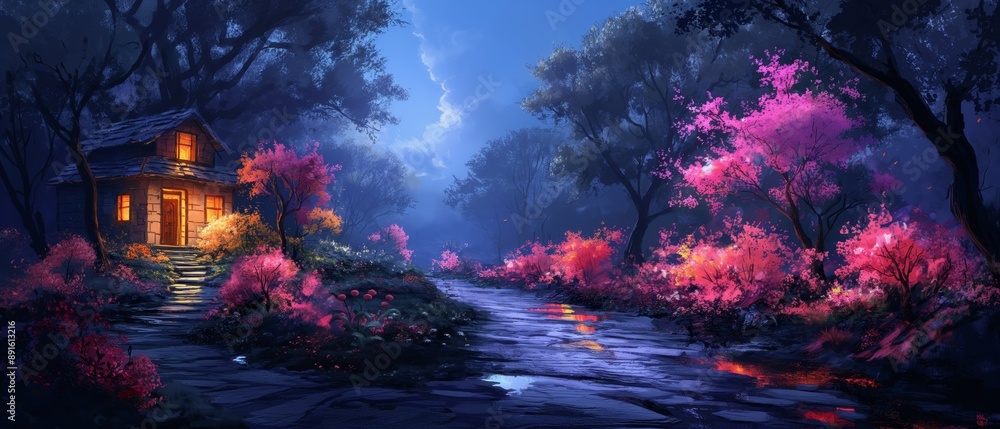 painting style illustration magical forest with glitter glow light in romantic atmosphere with small house at night time painting style illustration magical forest with glitter glow light in romantic atmosphere with small house at night time