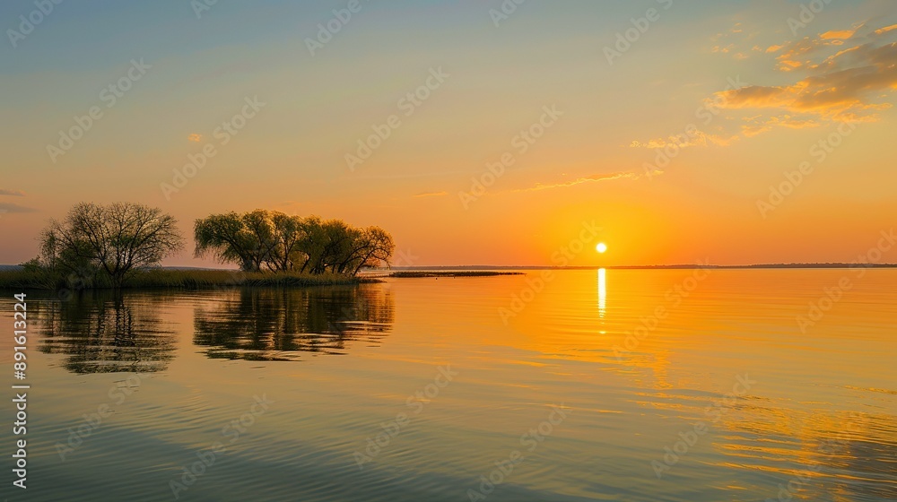 Golden Sunset Over a Tranquil Lake With Silhouetted Trees Golden Sunset Over a Tranquil Lake With Silhouetted Trees