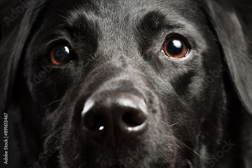 a black labrador retriever dog close up frontal face portrait in the studio against a black background