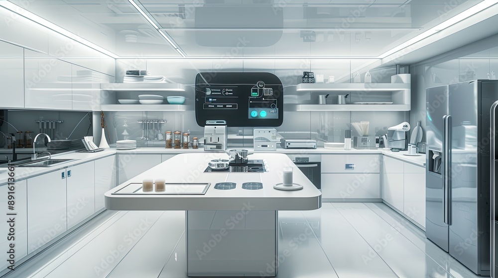 A futuristic kitchen with smart appliances A futuristic kitchen with smart appliances