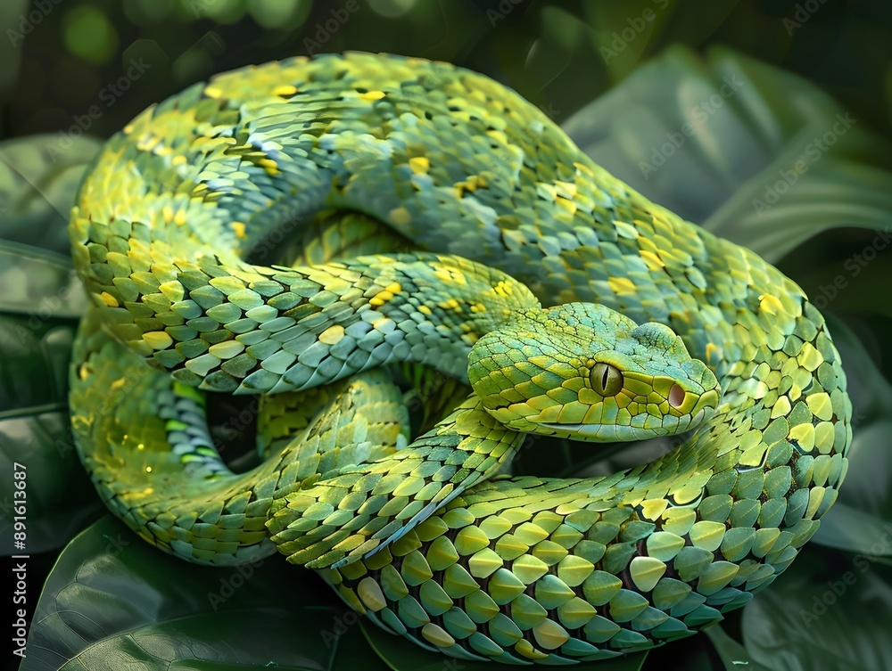 Fototapeta premium Majestic Variable Star Viper Coiled in Lush Tropical Foliage