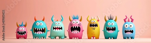 Cute Cartoon Monsters Line Up.