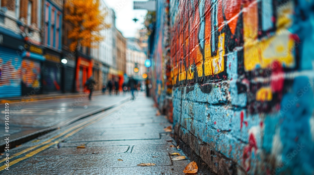 Fototapeta premium city street with graffiti wall, urban city street view background