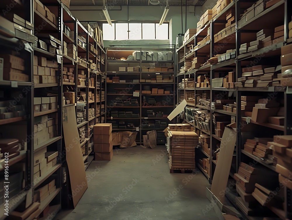 Warehouse Storage Room with Shelves Filled with Cardboard Boxes Photograph Warehouse Storage Room with Shelves Filled with Cardboard Boxes Photograph