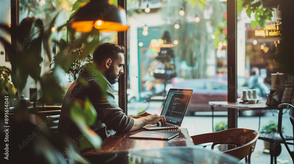 Individual working remotely from café, using laptop and participating in video calls, with a relaxed yet professional atmosphere Individual working remotely from café, using laptop and participating in video calls, with a relaxed yet professional atmosphere
